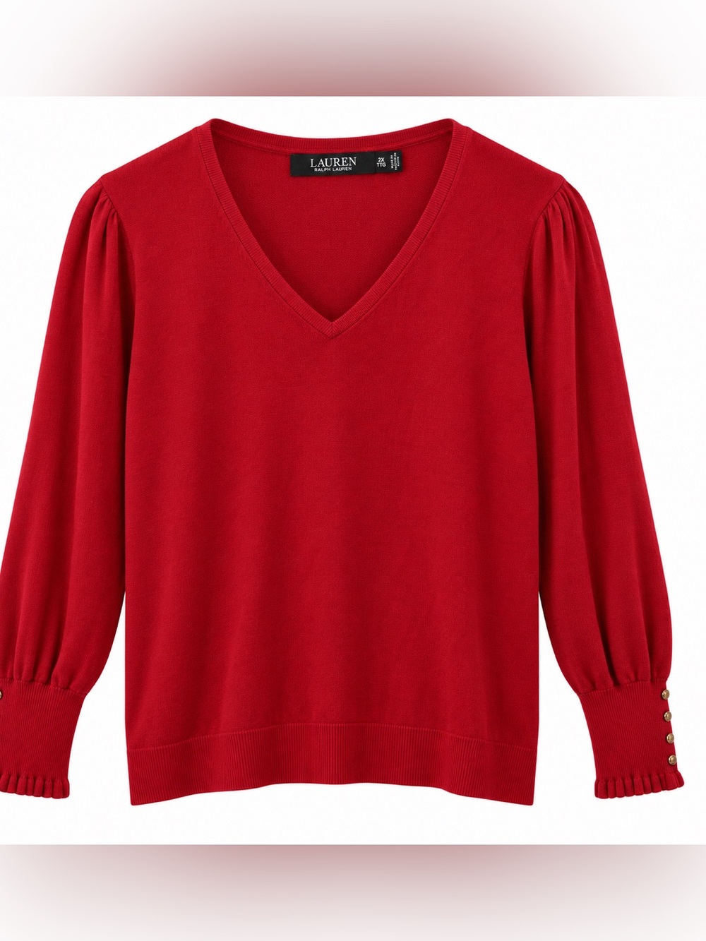 Lauren Ralph Lauren Womens 2X Red V Neck Cotton Modal Sweater Gold Button Sleeve